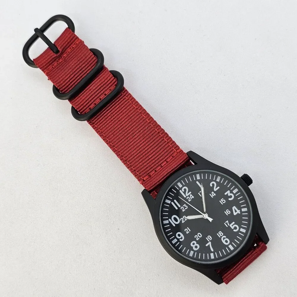 Men's Field Military Watch 42MM Black Case Black Dial Red‎ Canvas Band Straps